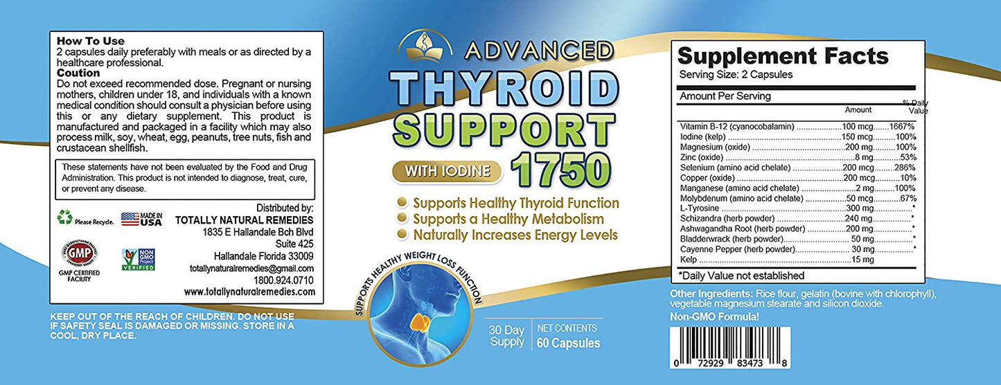 Advanced Thyroid Support Complex with Iodine 1750 mg - Helps Support Healthy Weight Loss, Metabolism, Energy Levels - Includes Bonus Diet eBook