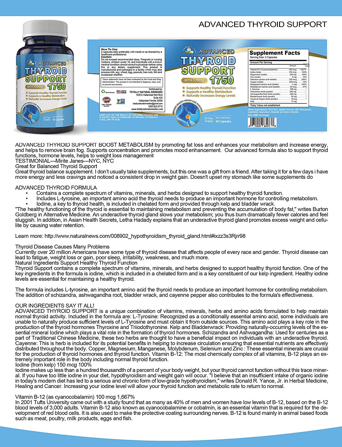 Advanced Thyroid Support Complex with Iodine 1750 mg - Helps Support Healthy Weight Loss, Metabolism, Energy Levels - Includes Bonus Diet eBook