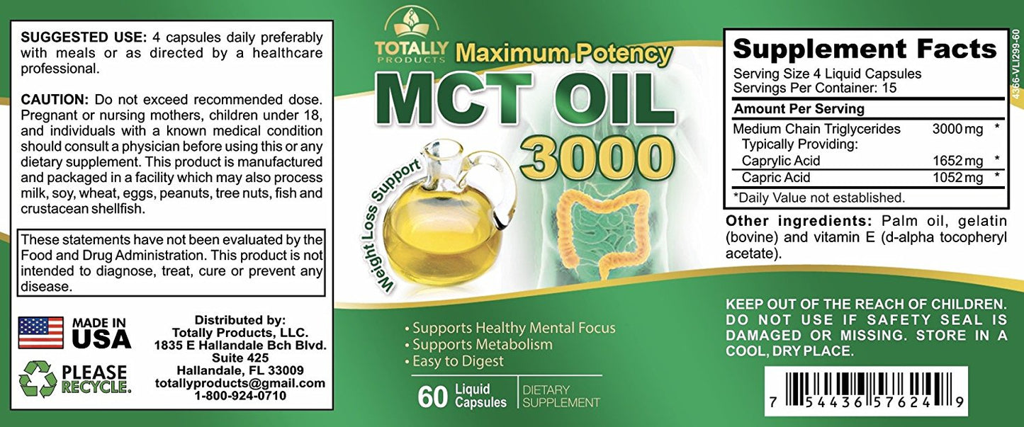 Maximum Potency 100% Pure MCT Oil Capsules - 3000mg (60 Cold Pressed Softgels)