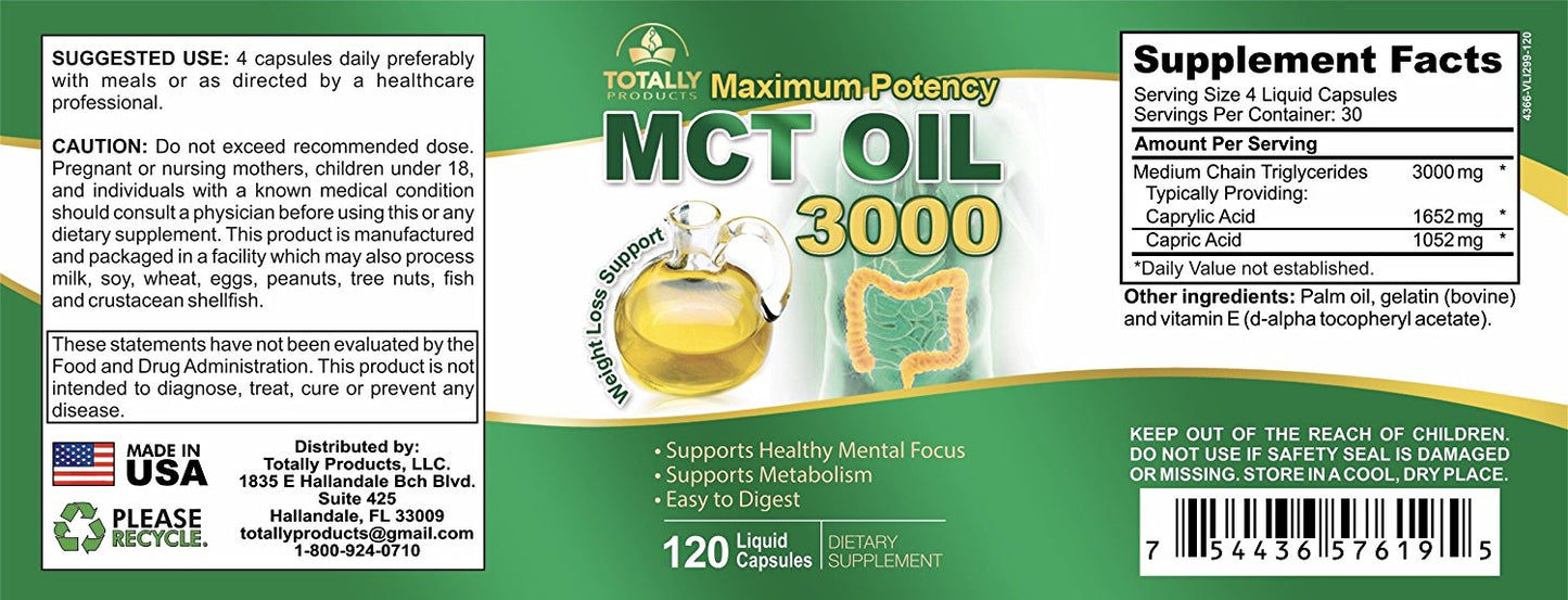 Maximum Potency 100% Pure MCT Oil Capsules - 3000 mg - 120 Cold Pressed Softgels