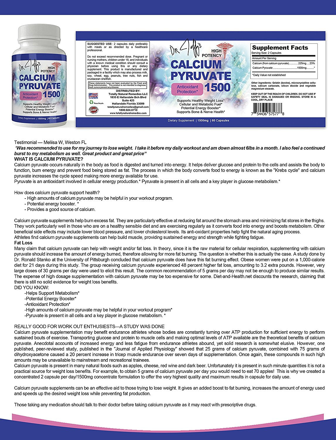Dr. Jeff's High Potency Calcium Pyruvate 1500mg Daily Antioxidant Formula (60 Capsules)
