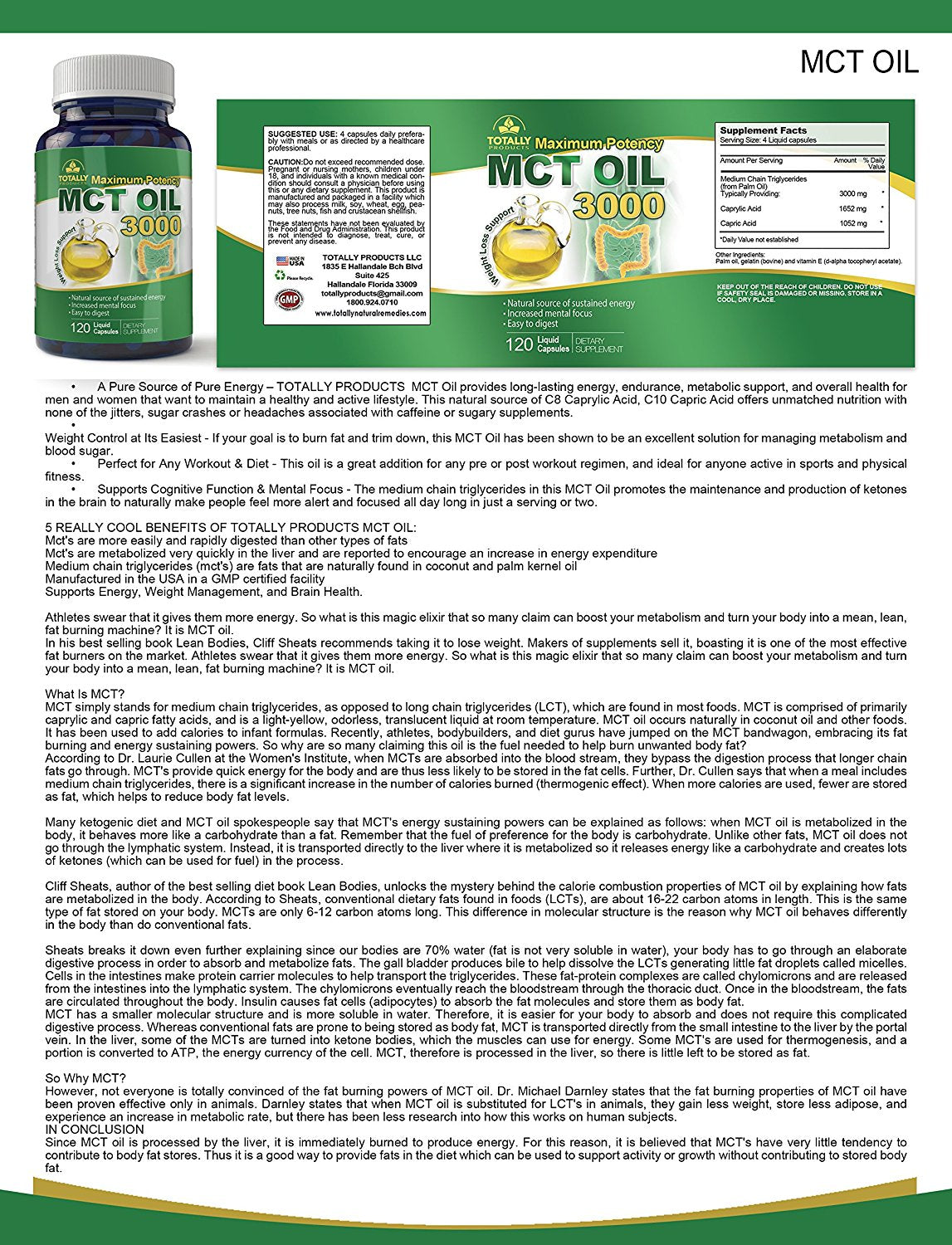 Maximum Potency 100% Pure MCT Oil Capsules - 3000 mg - 120 Cold Pressed Softgels