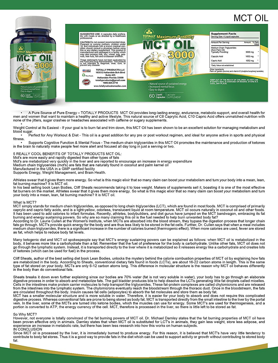 Maximum Potency 100% Pure MCT Oil Capsules - 3000mg (60 Cold Pressed Softgels)
