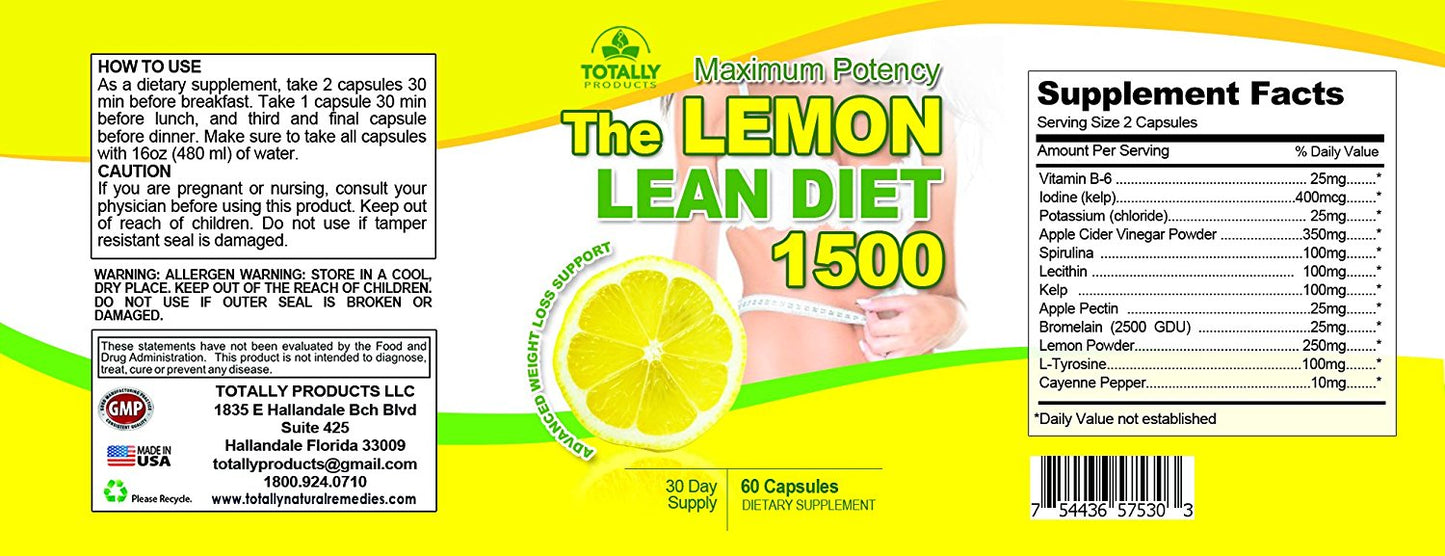 The Lemon Lean Diet - Maximum Potency 1500mg Advanced Weight Loss Support (60 Capsules)