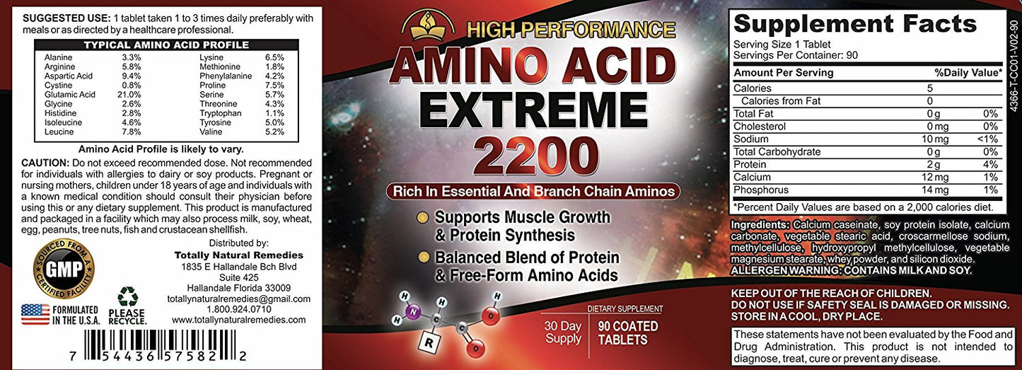 BCAA Amino Acid Extreme 2200 mg - High Performance Branch Chain Amino Acid Formula (90 Capsules)