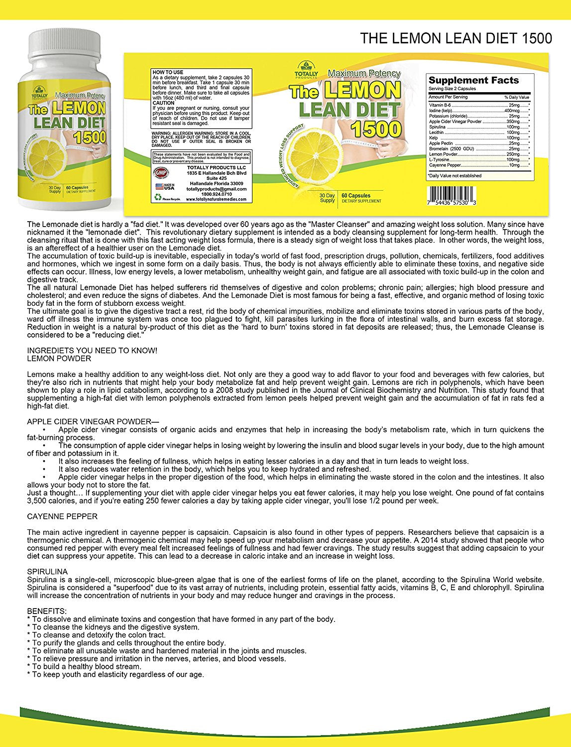 The Lemon Lean Diet - Maximum Potency 1500mg Advanced Weight Loss Support (60 Capsules)